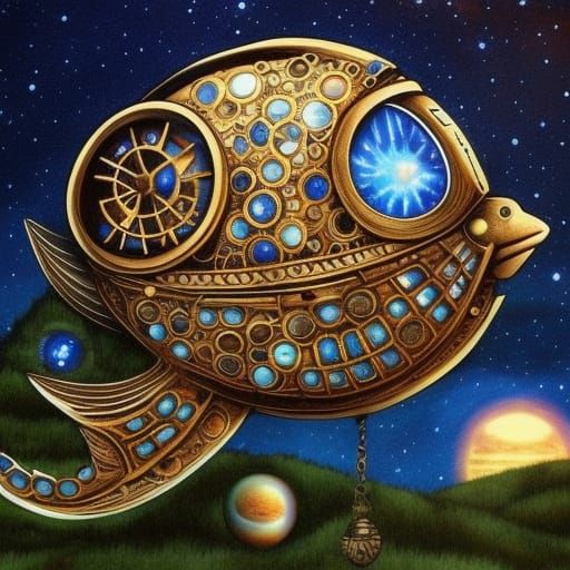 Steampunk Space Fish in Derelict Spaceship Folk Art
