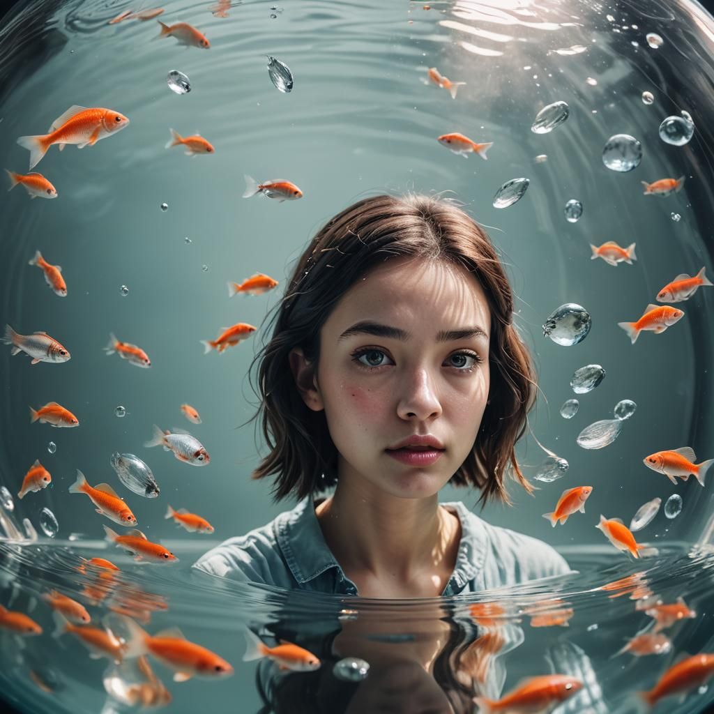 Girl Trapped in Glass Bowl: Hyperrealistic Macro Portrait