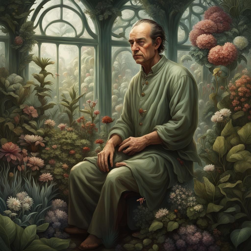 Fantasy Botanist in Conservatory: Detailed Matte Painting