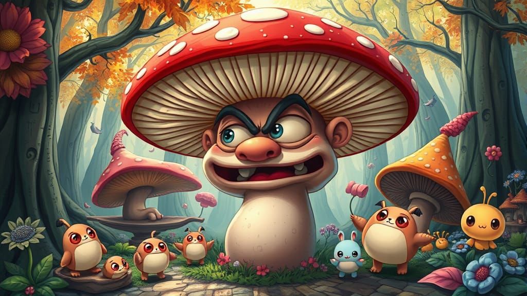 Whimsical 3D Mushroom Character in Anime Style Forest