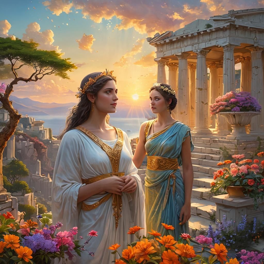 Ancient Greek Goddess with Iridescent Flowers