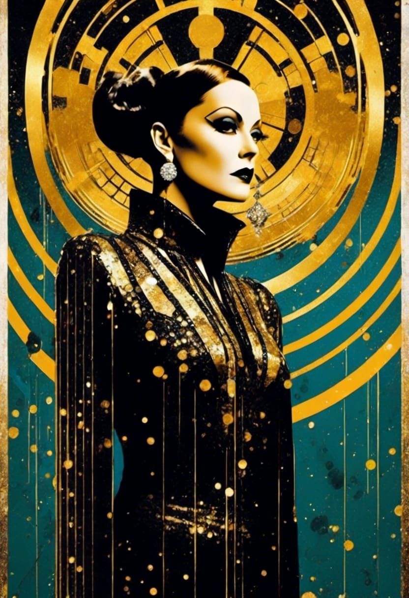 Art Deco Illustration in Black, White, and Gold
