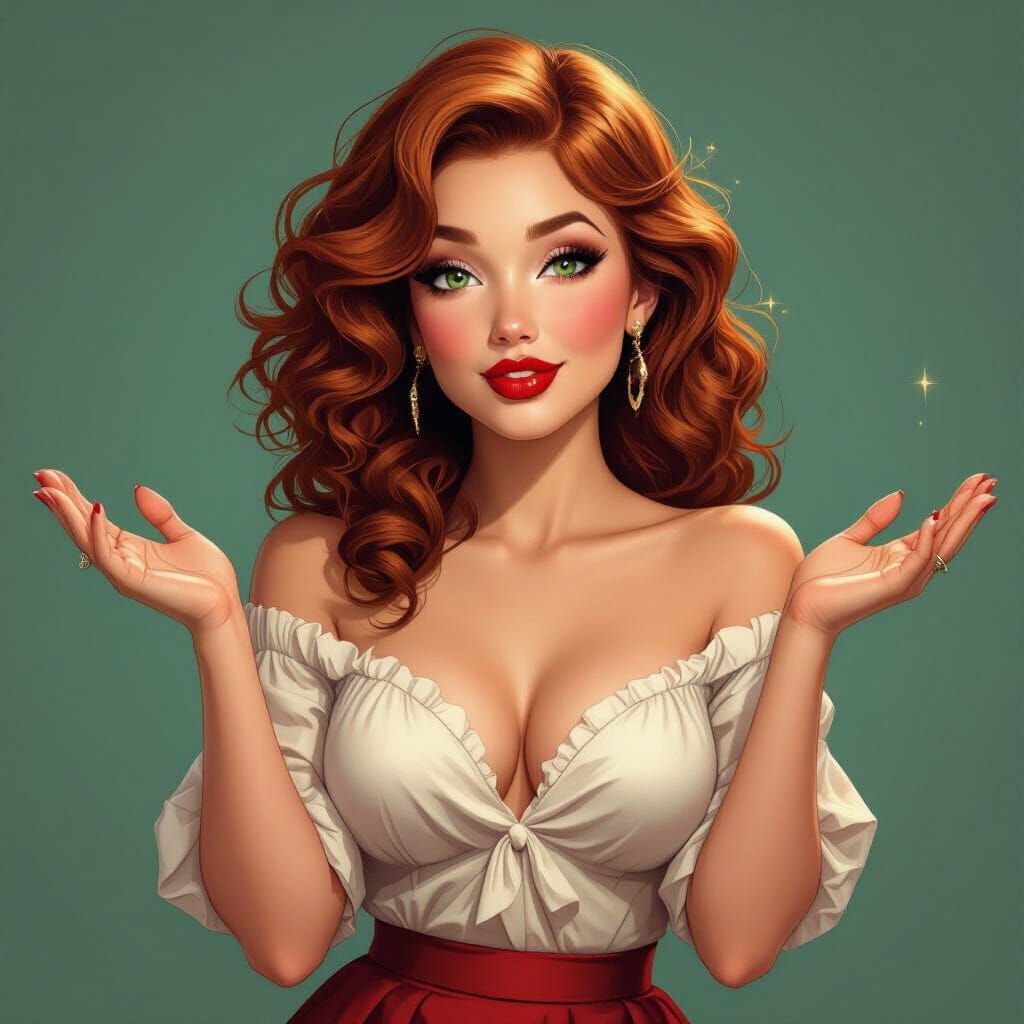 Anime Pin-Up Girl with Auburn Hair and Green Eyes