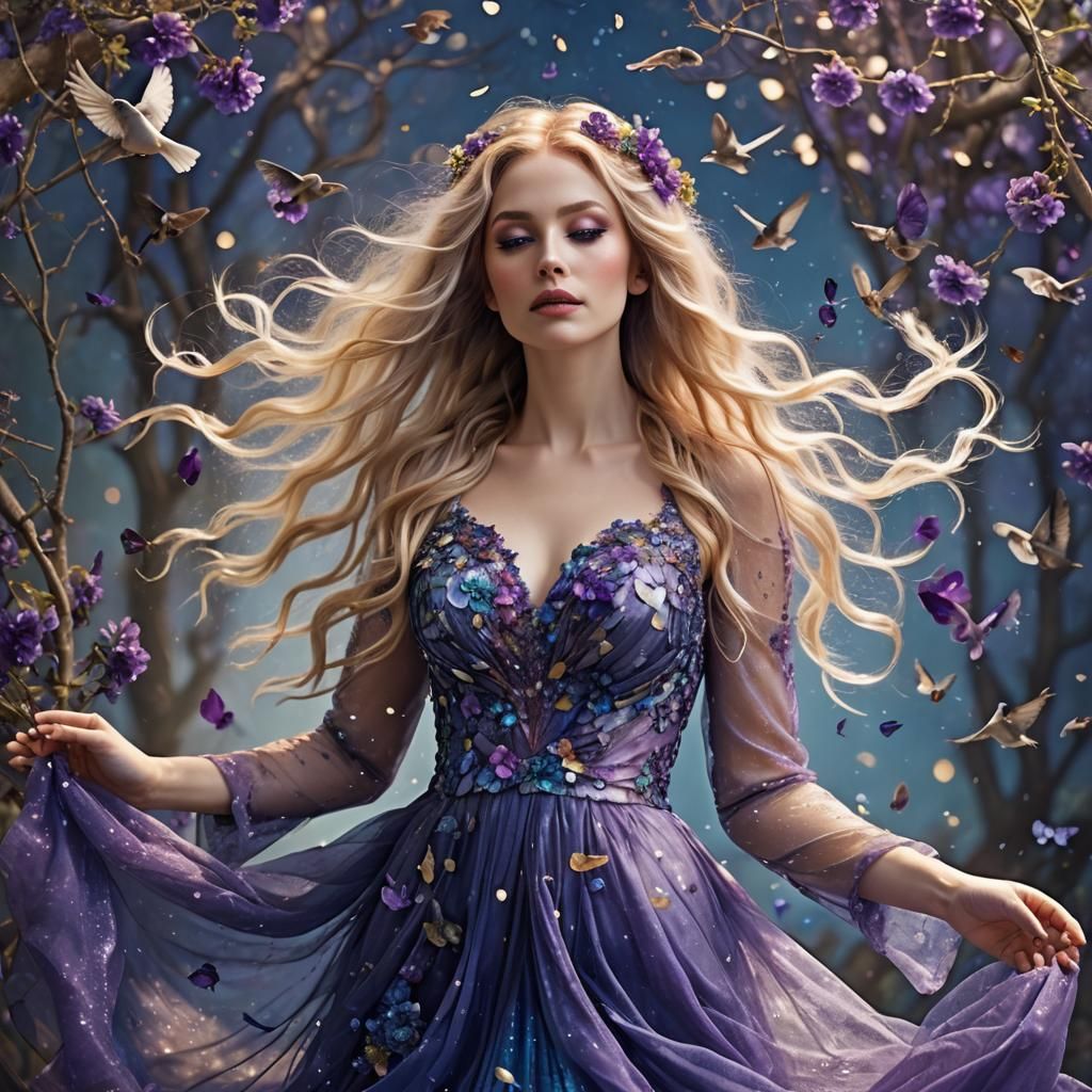 Ethereal Woman with Flowing Hair and Galaxy Background