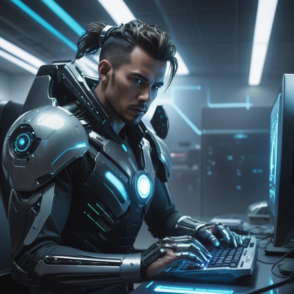 A Futuristic Man working in Futuristic office with computers...
