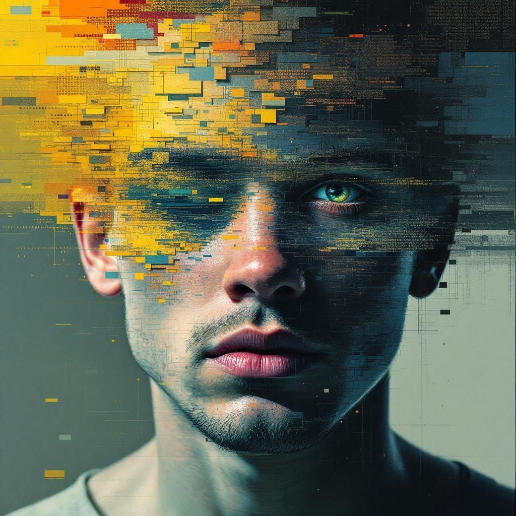 Surreal Glitch Portrait in Digital Gouache Style