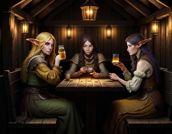 Female Goblins Drinking Cocktails in Rustic Tavern