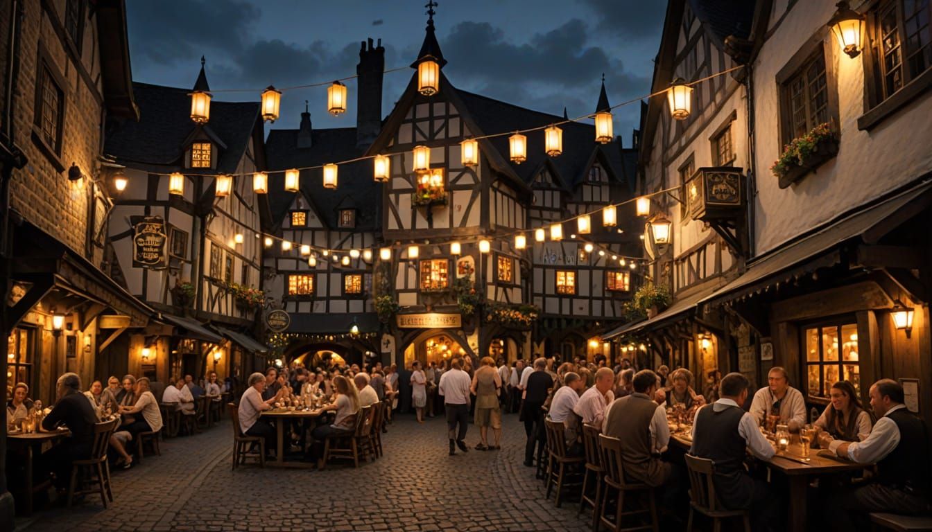 Medieval Tavern Scene with Lanterns and Patrons