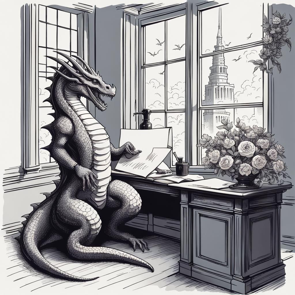 Dragon Tentacle Animal Writing Letter in Fantasy Office