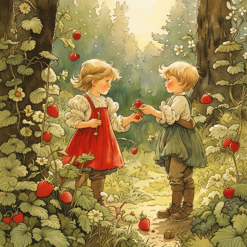 Toddler Siblings Picking Strawberries in Sunlit Forest