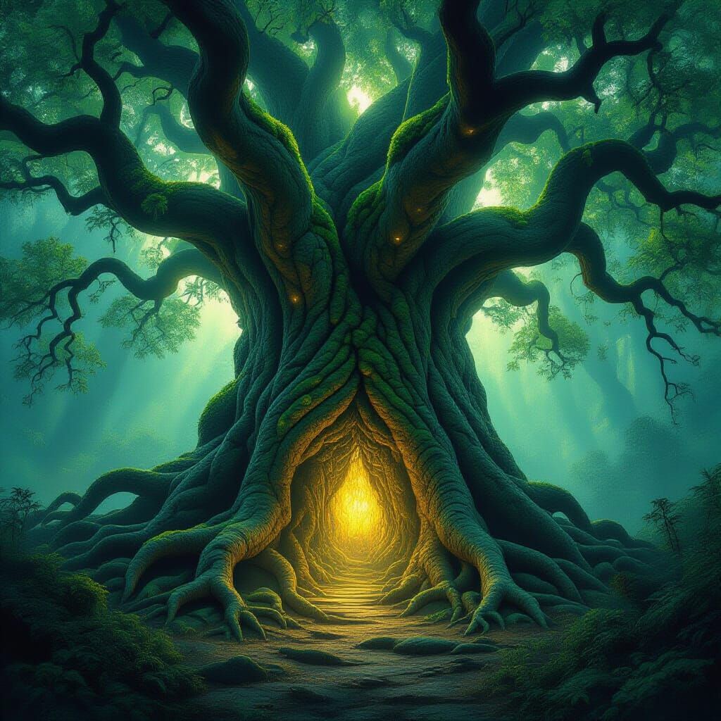 Ancient Tree Sanctuary Entrance with Ethereal Glow