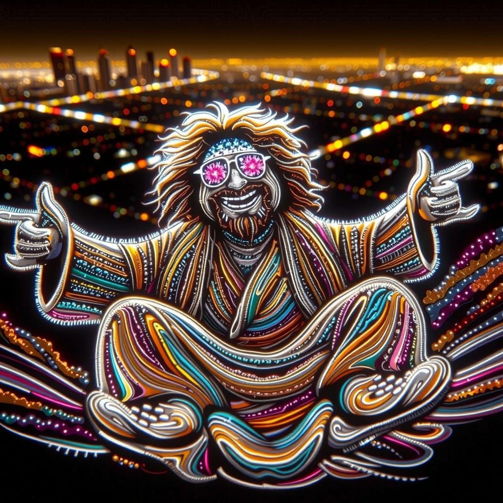 The Dude Soars on a Magic Carpet over LA at Night