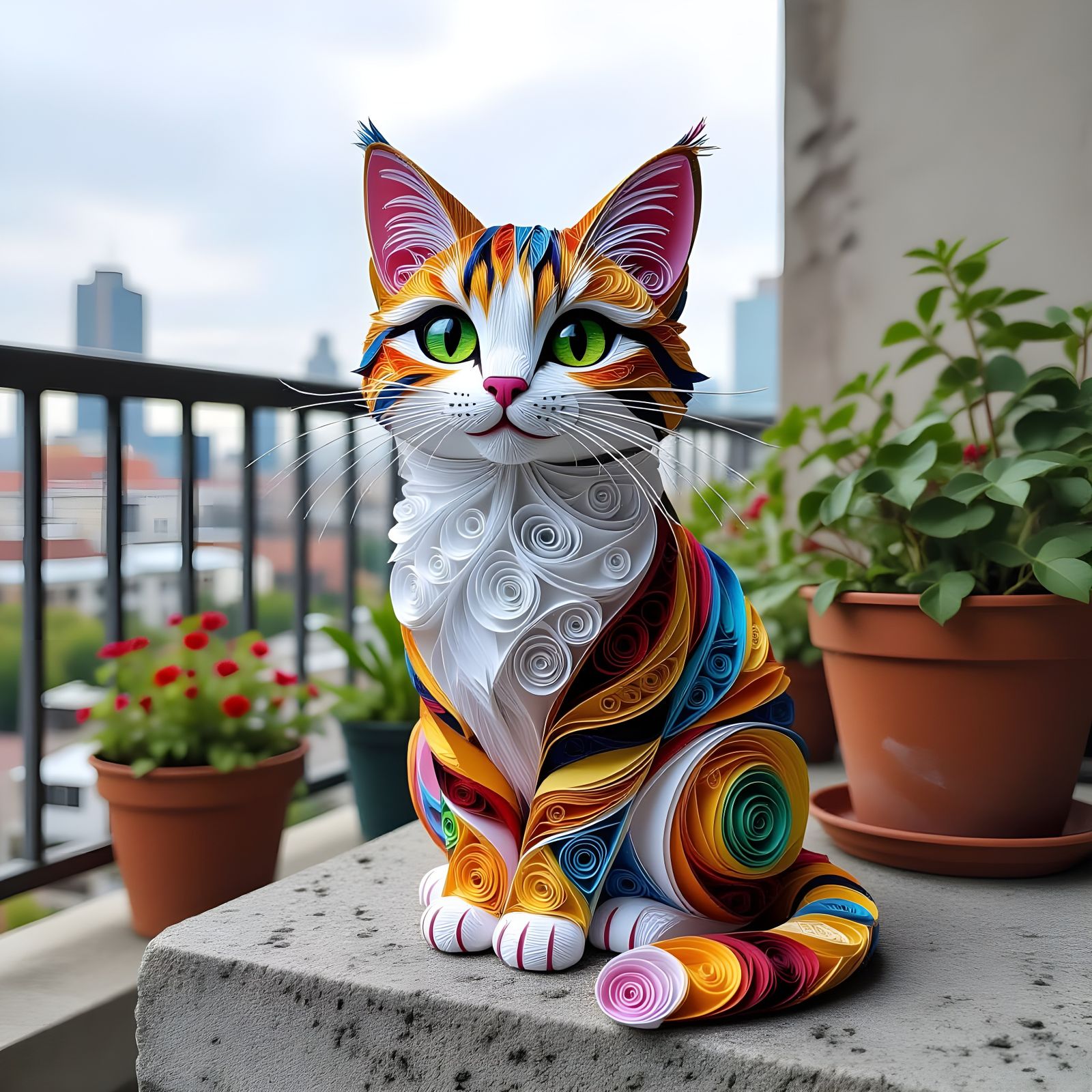 Paper Mosaic Quilled Cat on Urban Balcony