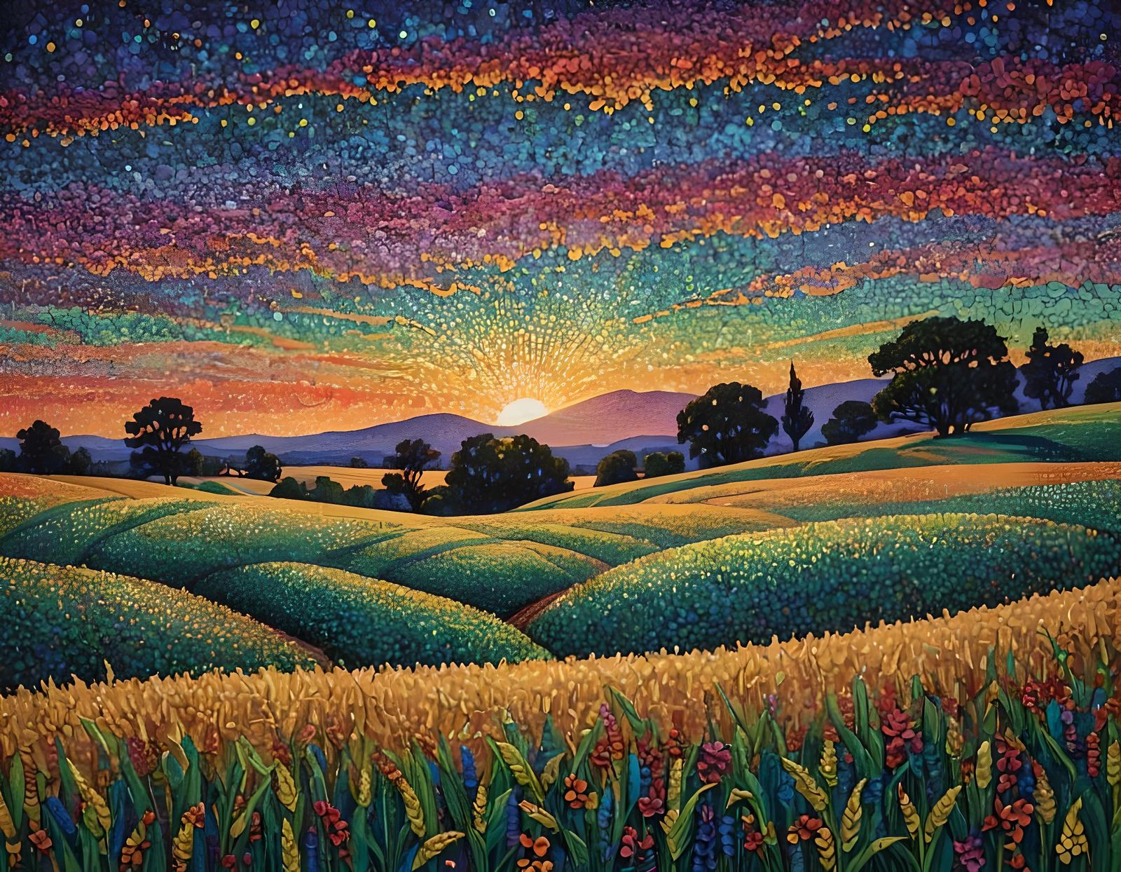 Pointillist Sunset Over Wheat Field at Twilight