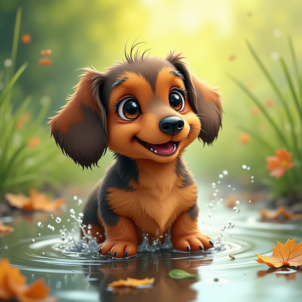 Cute Baby Dachshund Plays in Whimsical Water Scene
