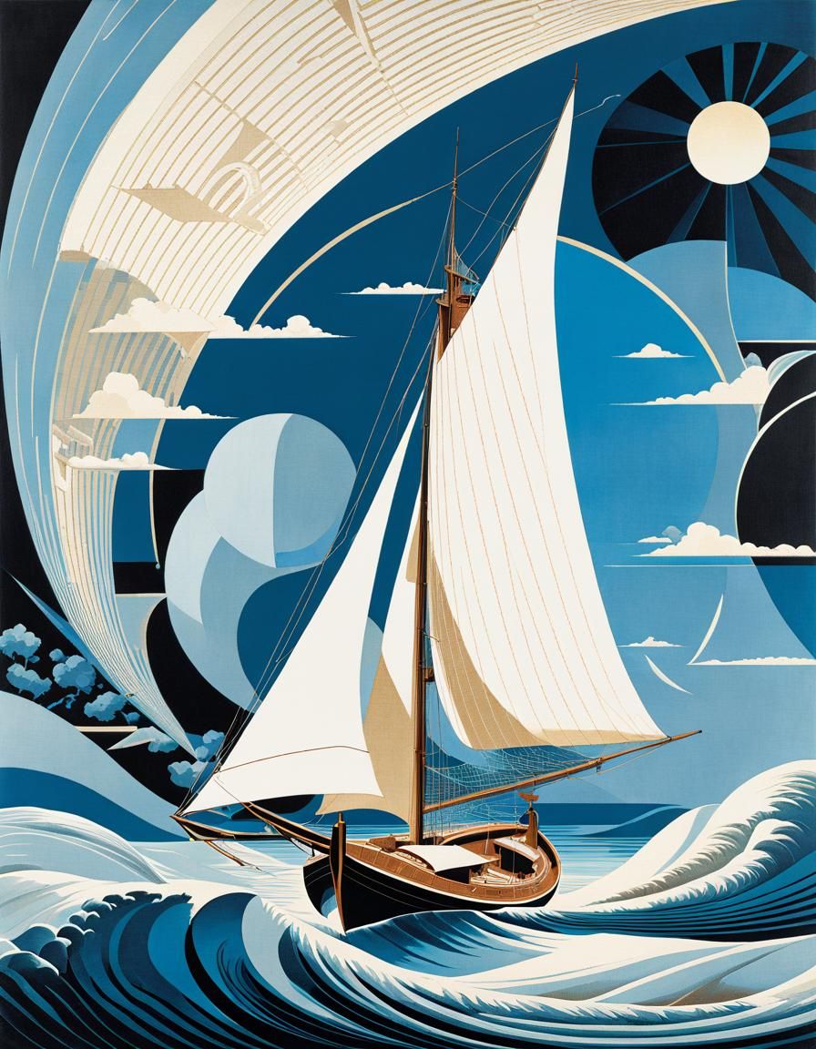 Androgynous Figure Sailing in Shin Hanga Style