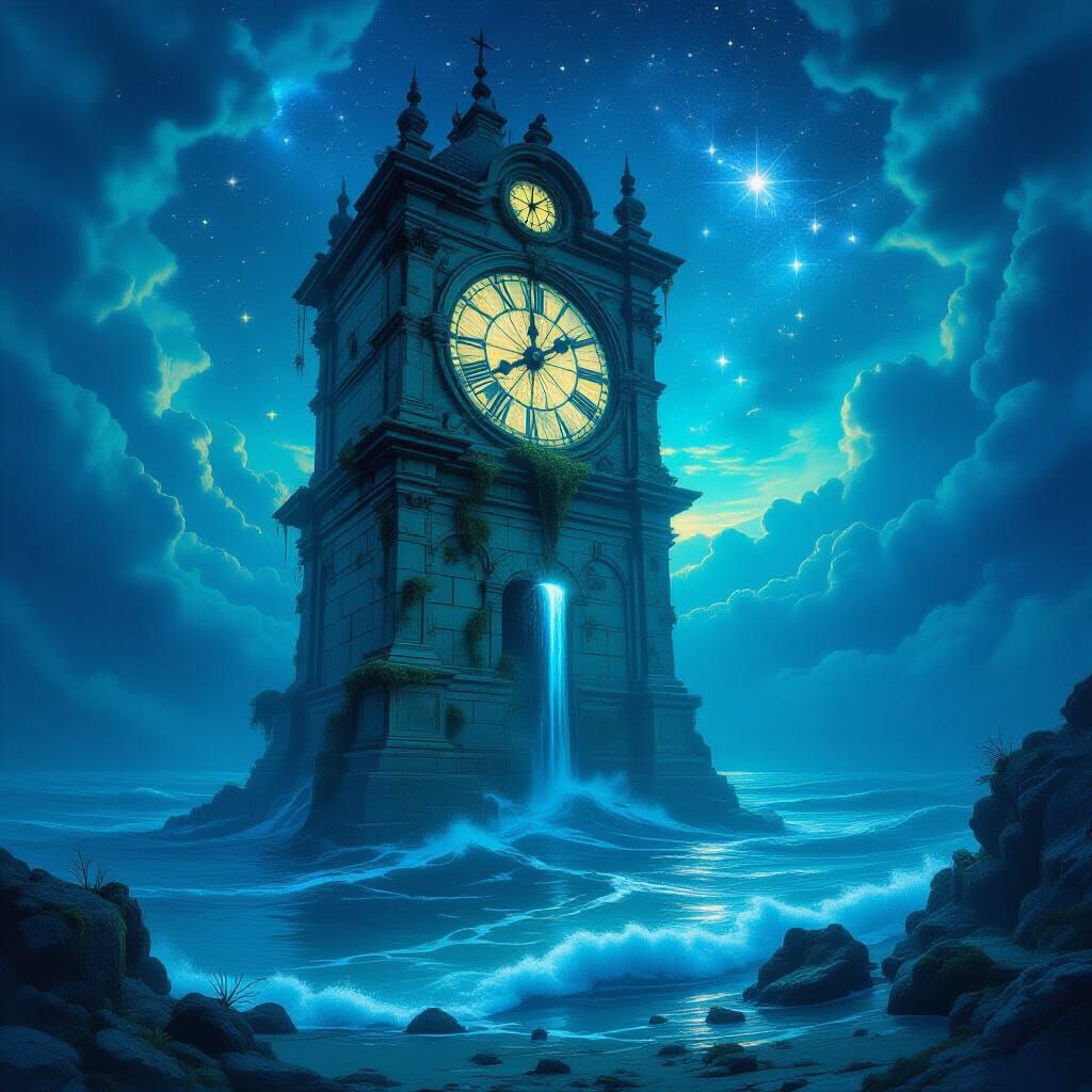 Ancient Clock Tower Submerged in Bioluminescent Ocean Sky
