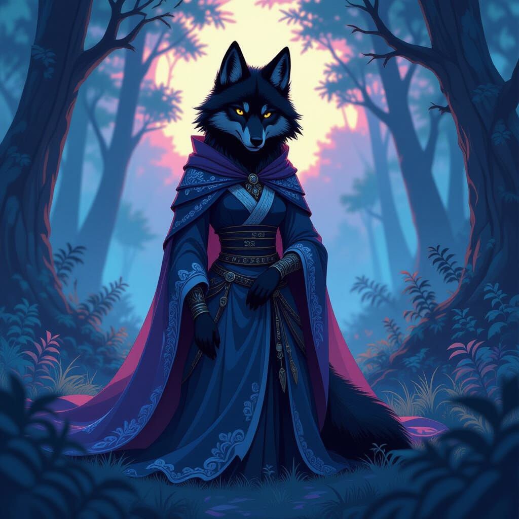 Warrior Wolf Queen in Spiderweb Silk, Mystical Forest