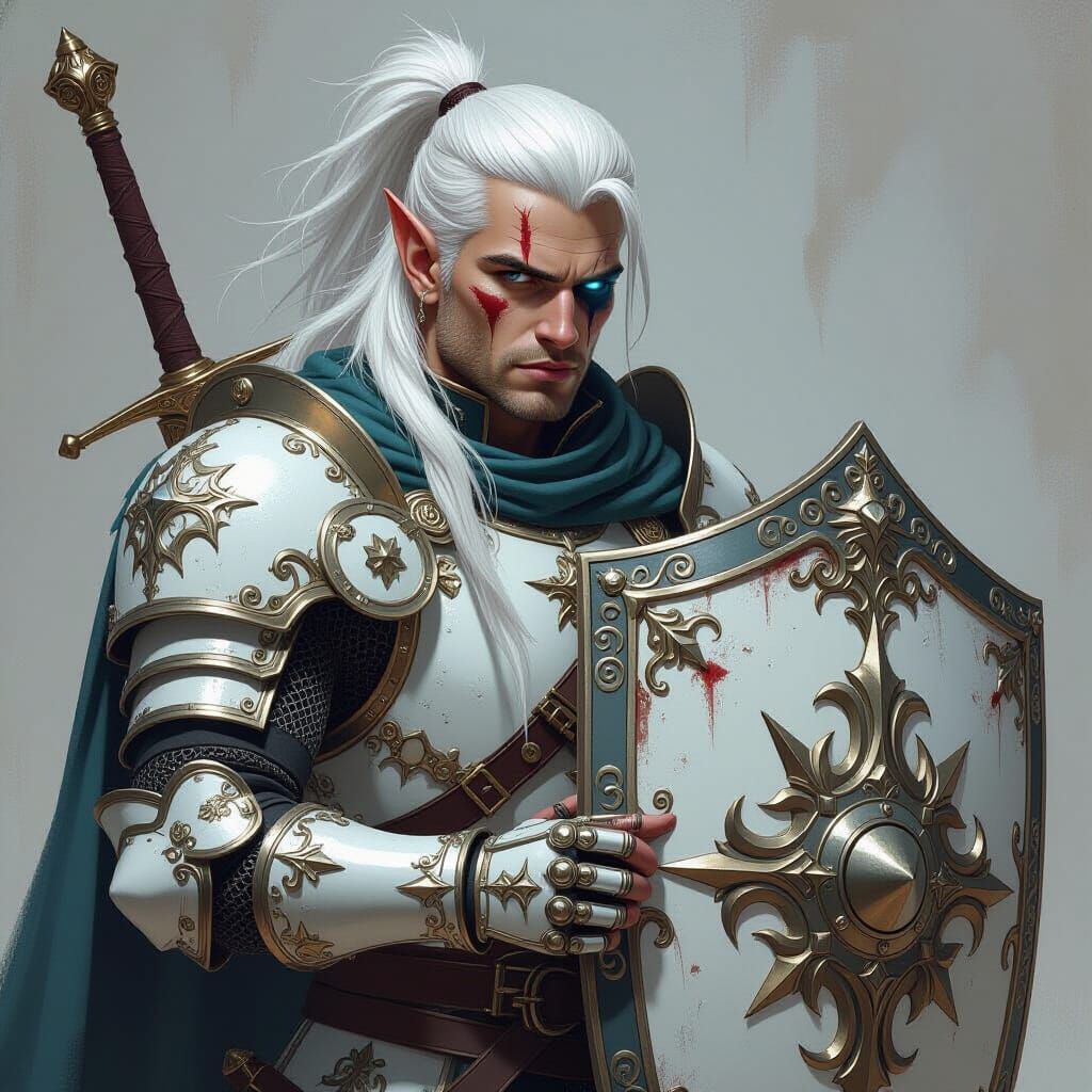 Elven Knight in White Armor with Sword and Shield