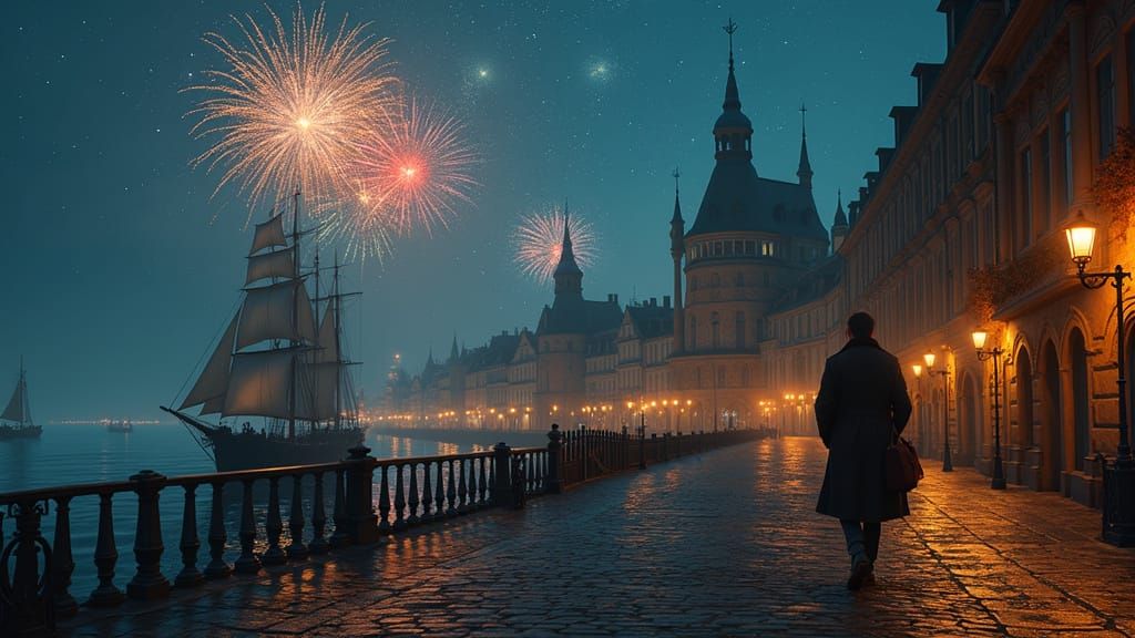 Coastal City at Night with Fireworks Display