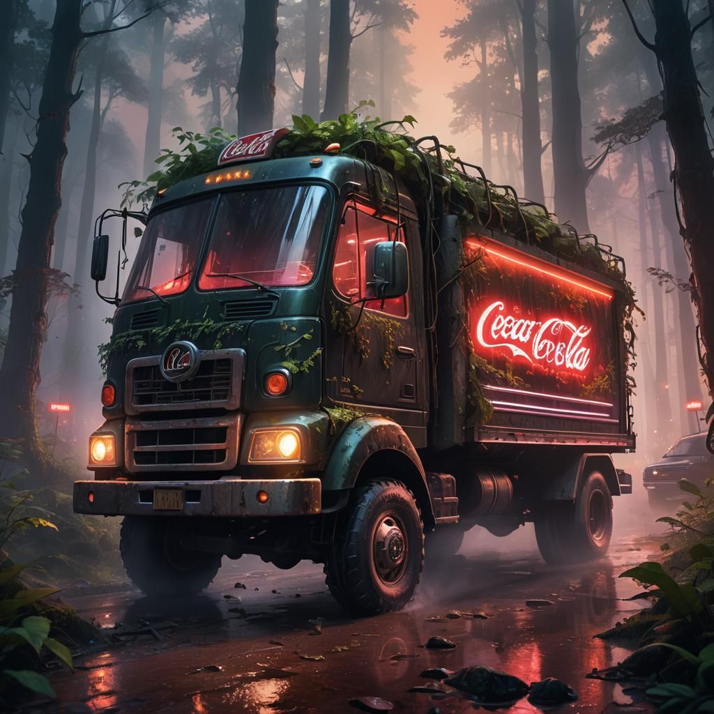 Surreal Coca-Cola Truck Emerges from Enchanted Forest