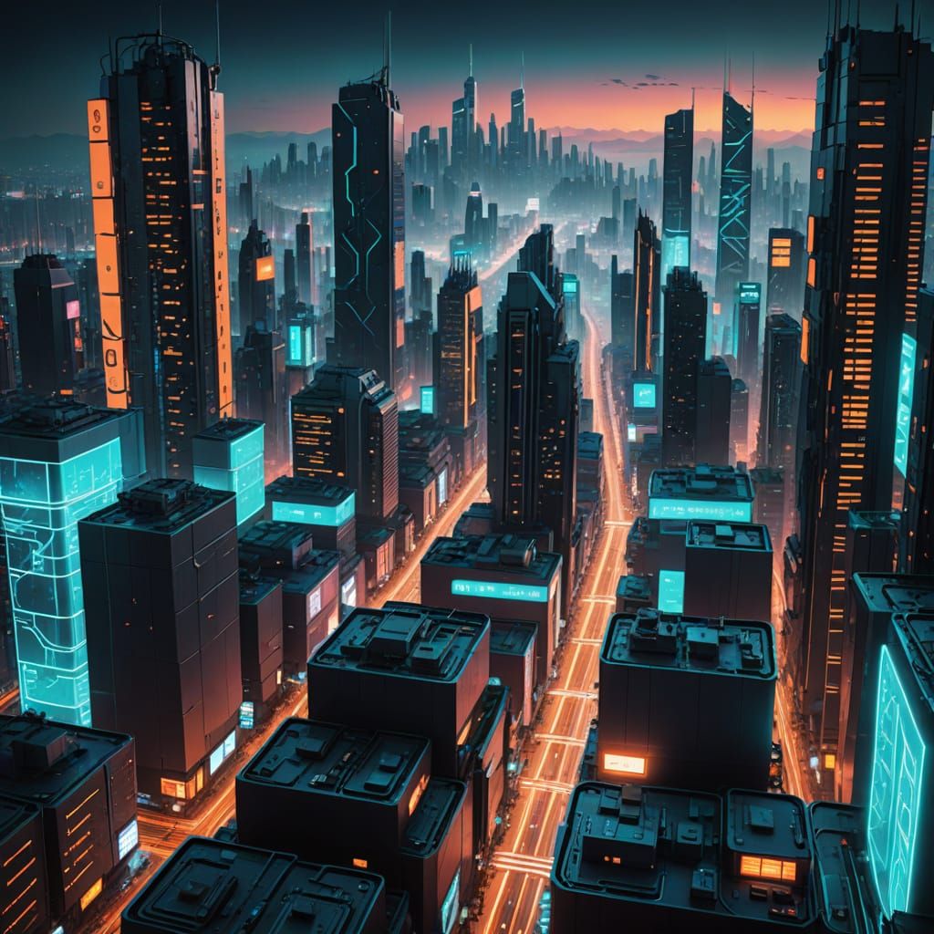 Cyberpunk Cityscape with Neon Circuitry in Digital Painting ...