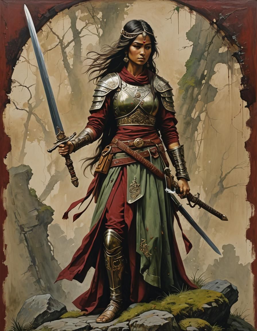 Woman with Sword Painting in Detailed Artistic Style