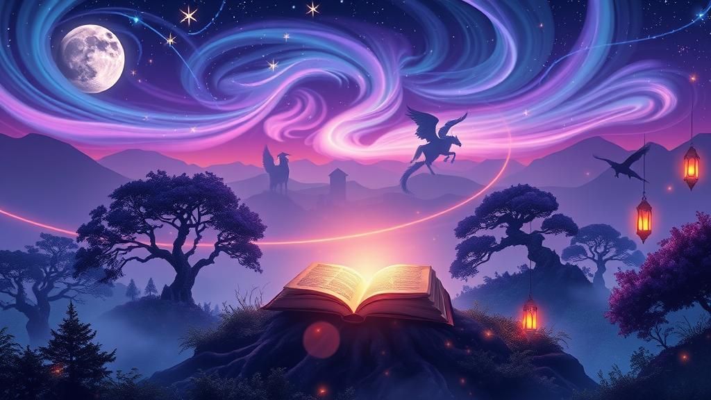 Mystical Twilight Landscape with Dragons and Unicorns