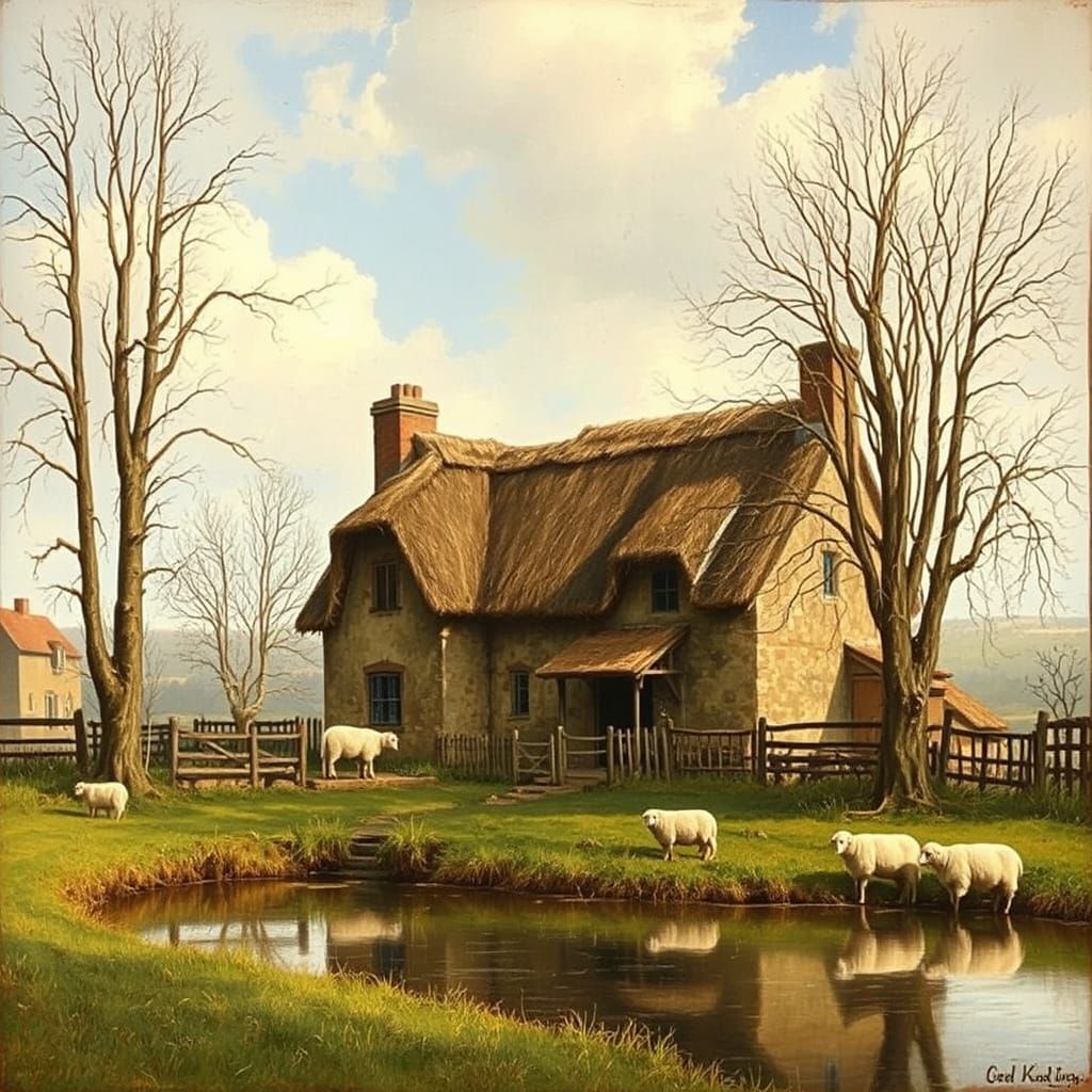 Rustic Cottage and Pond in Golden Light