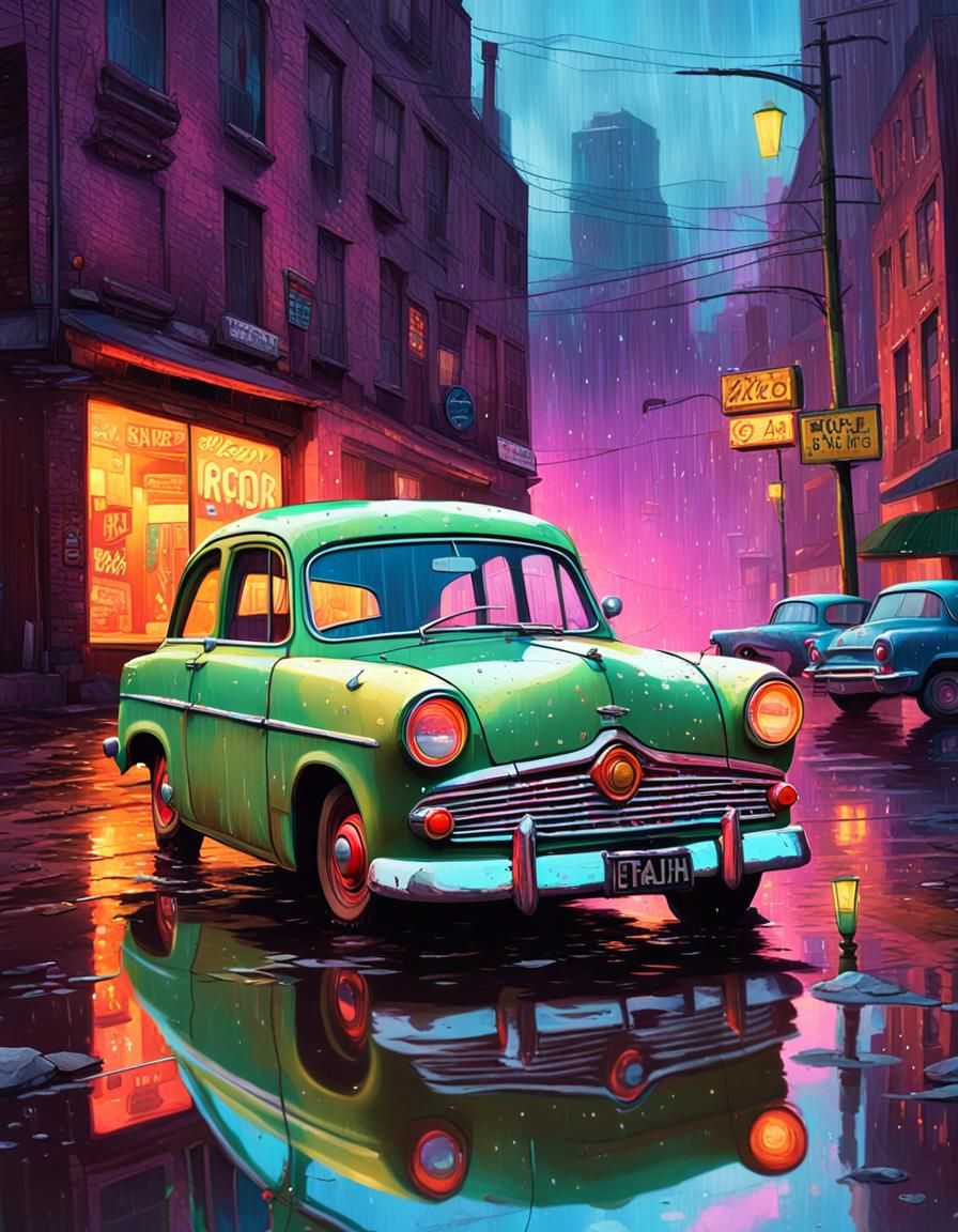 Derelict Ford Anglia in a Neon Cityscape