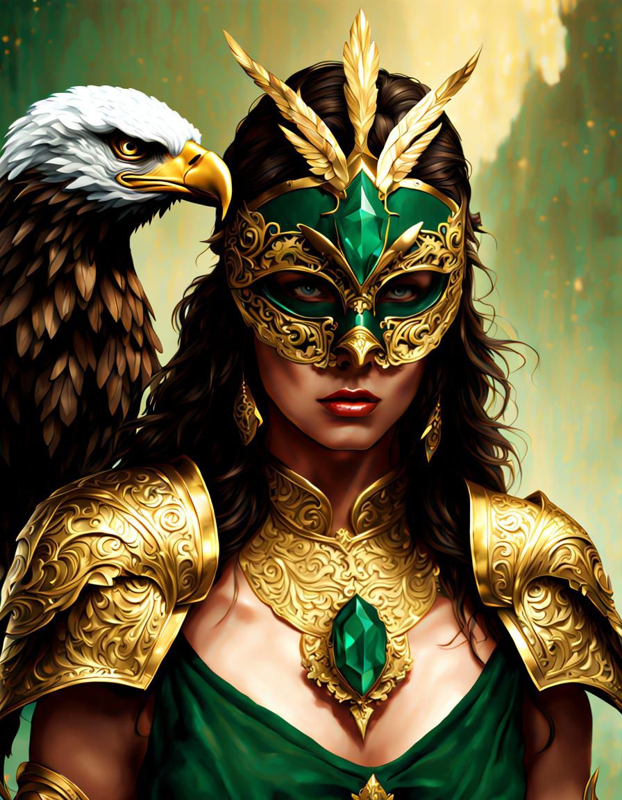 Mask, fantasy, woman, eagle, gold, emerald, armor