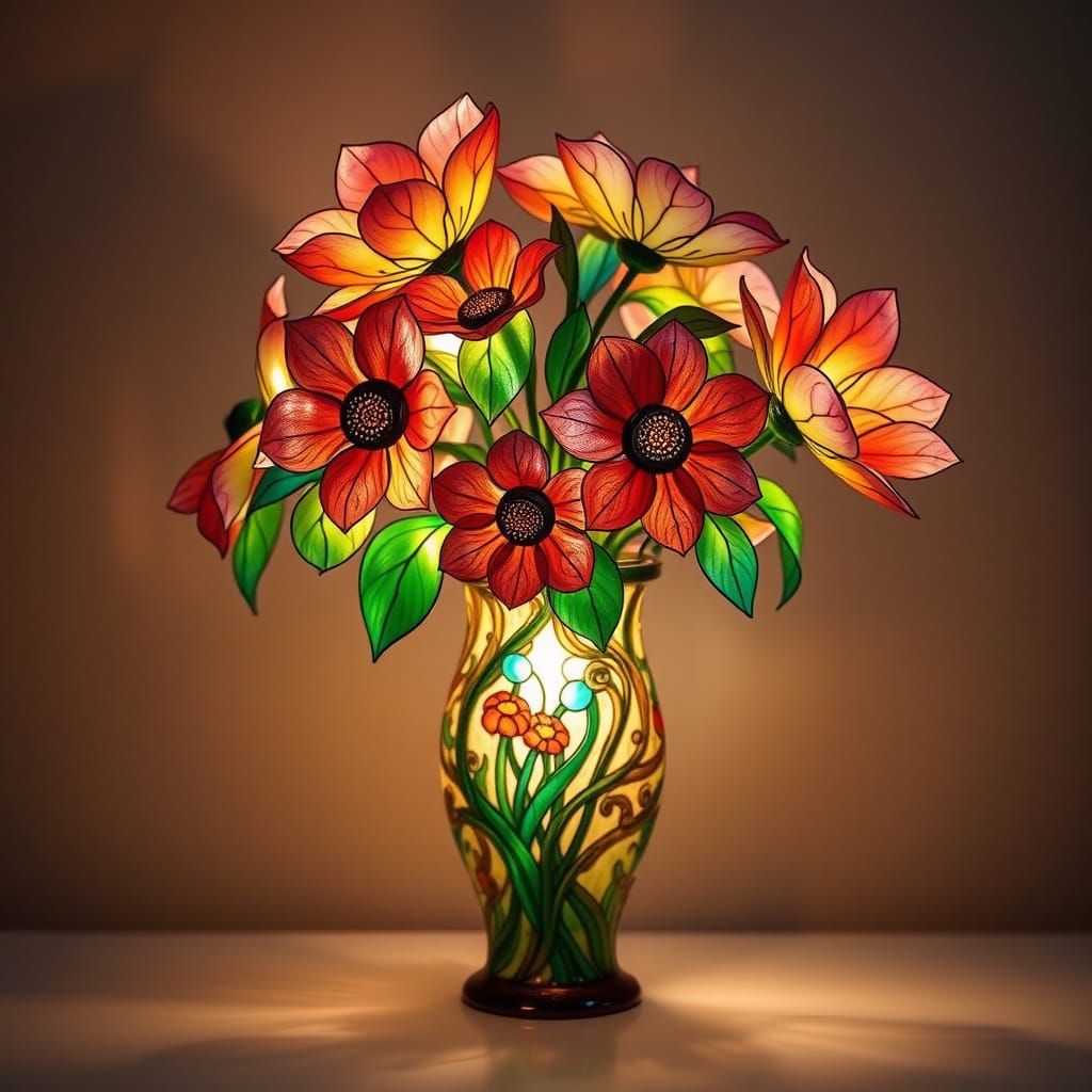 Ethereal Stained Glass Flowers in Art Nouveau Style
