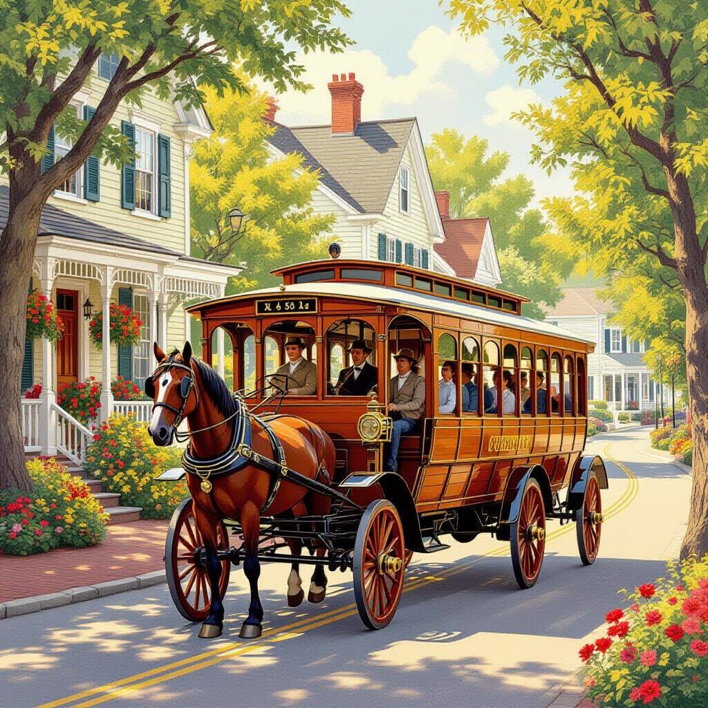 Horse-Drawn Trolley in New England, Folk Art Style