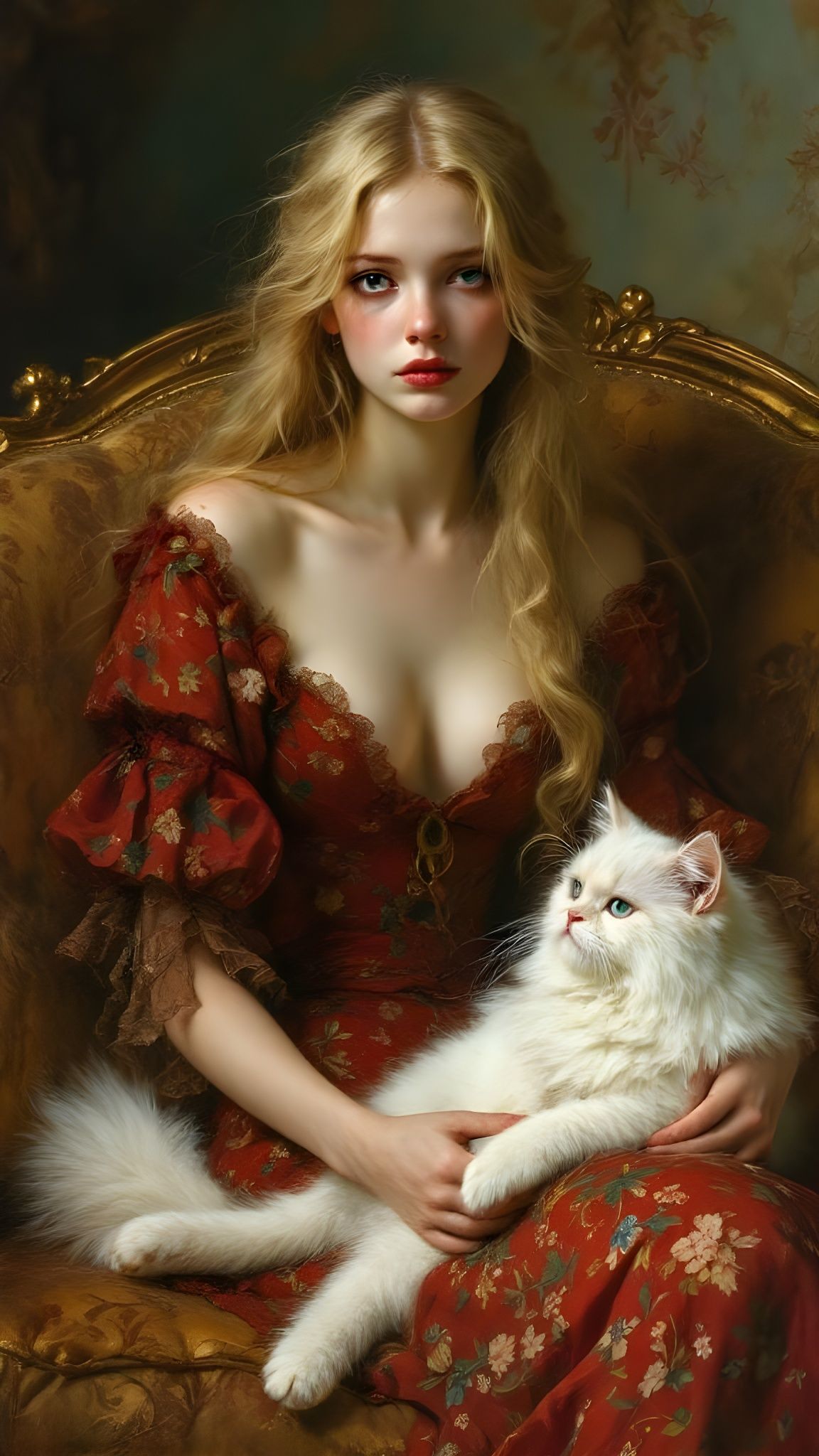 Ethereal Woman in Red Dress: Pre-Raphaelite Oil Painting