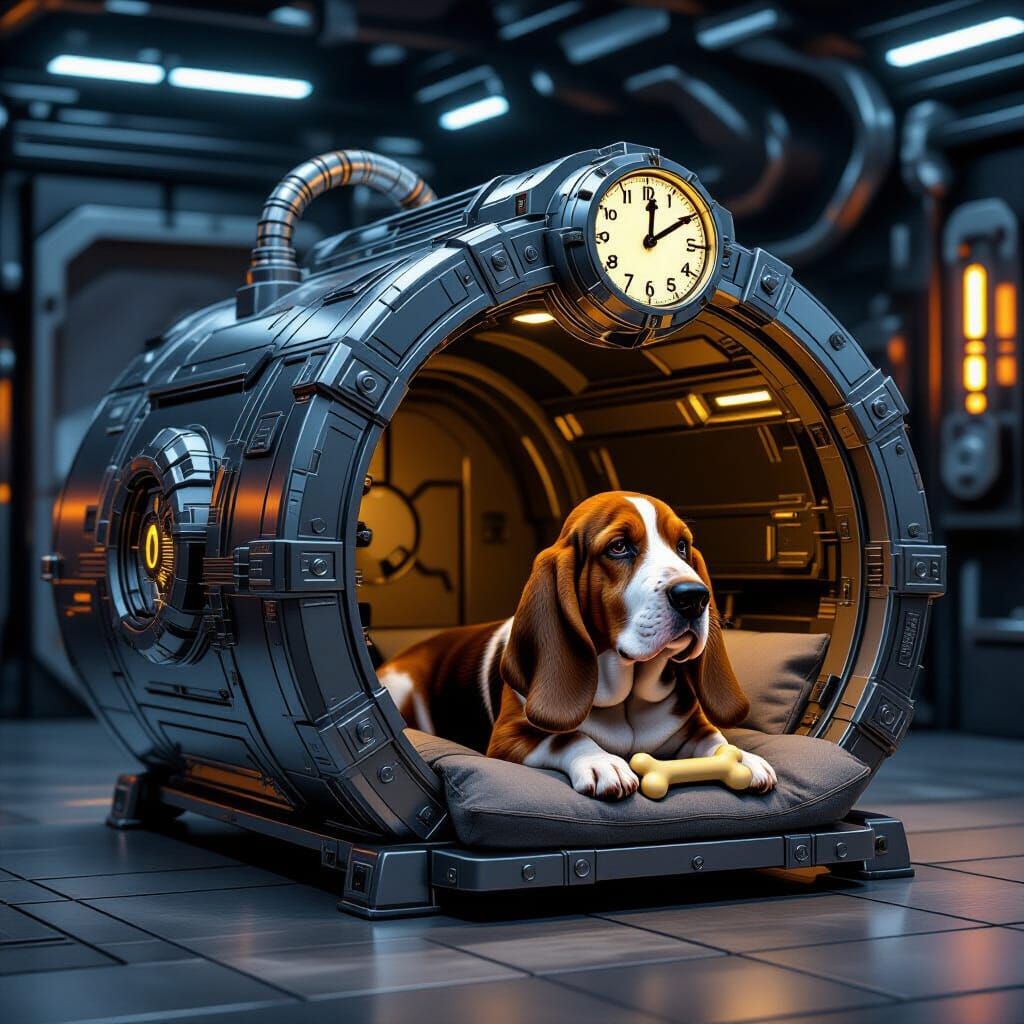 Futuristic Sci-Fi Doghouse with Basset Hound Clock