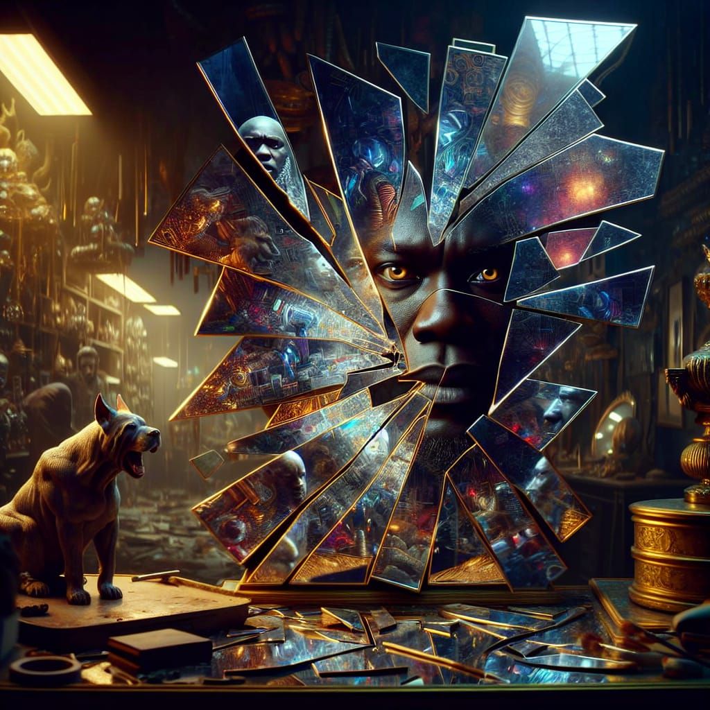 Shattered Mirror Reflects a Nigerian Man's Face