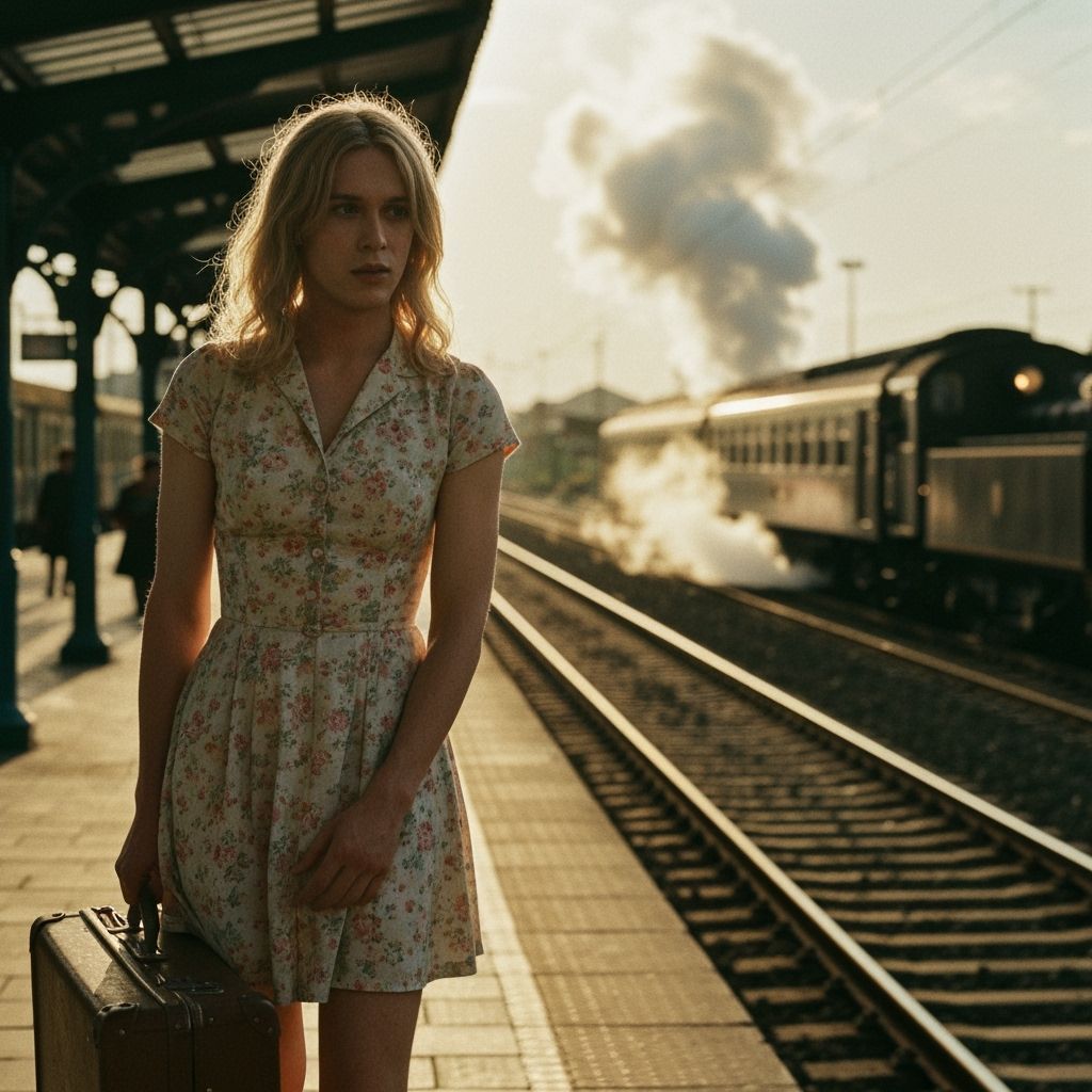 Crossdressing Young Person in Floral Dress at Train Station