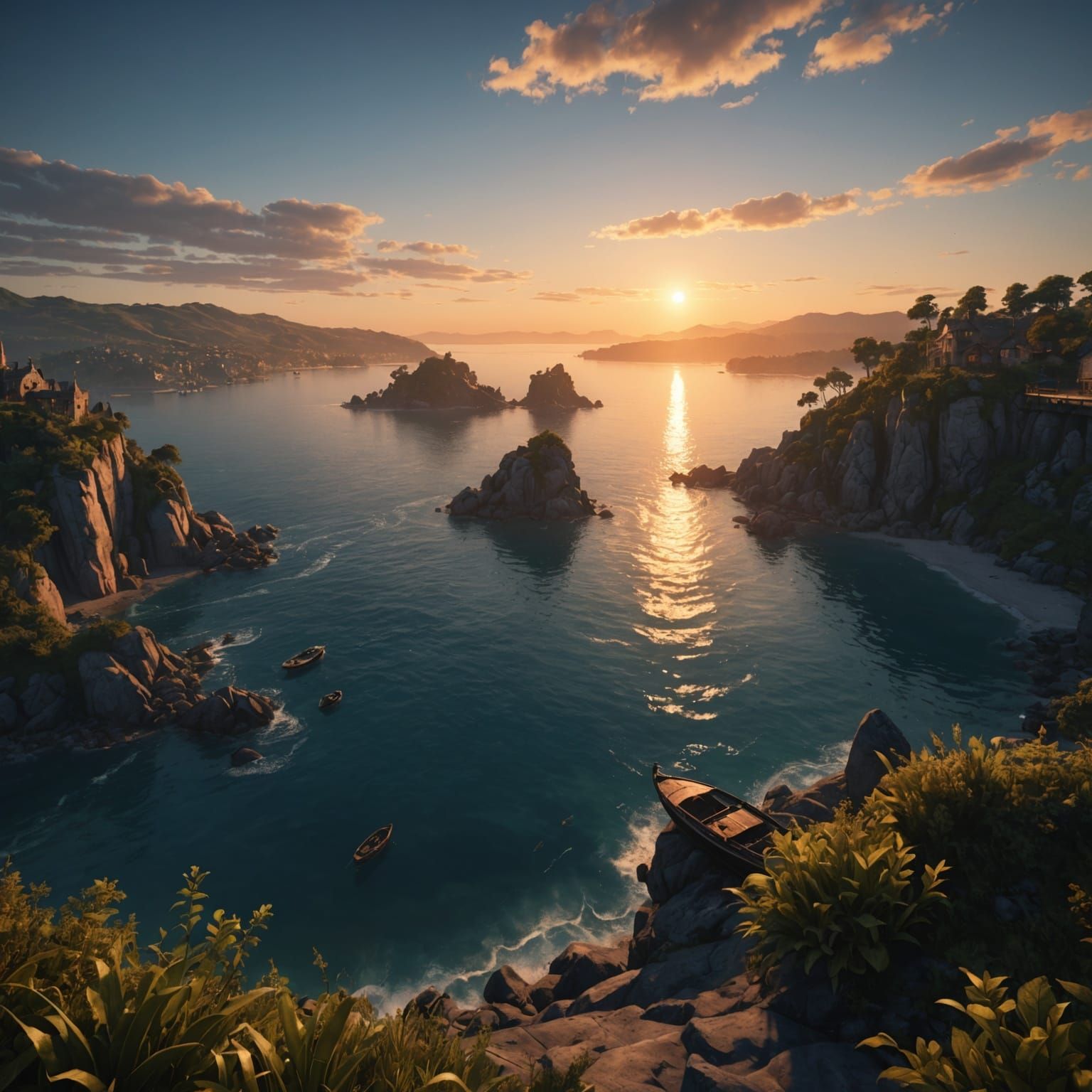 Dawn Sunrise Over Bay: Fantasy Concept Art