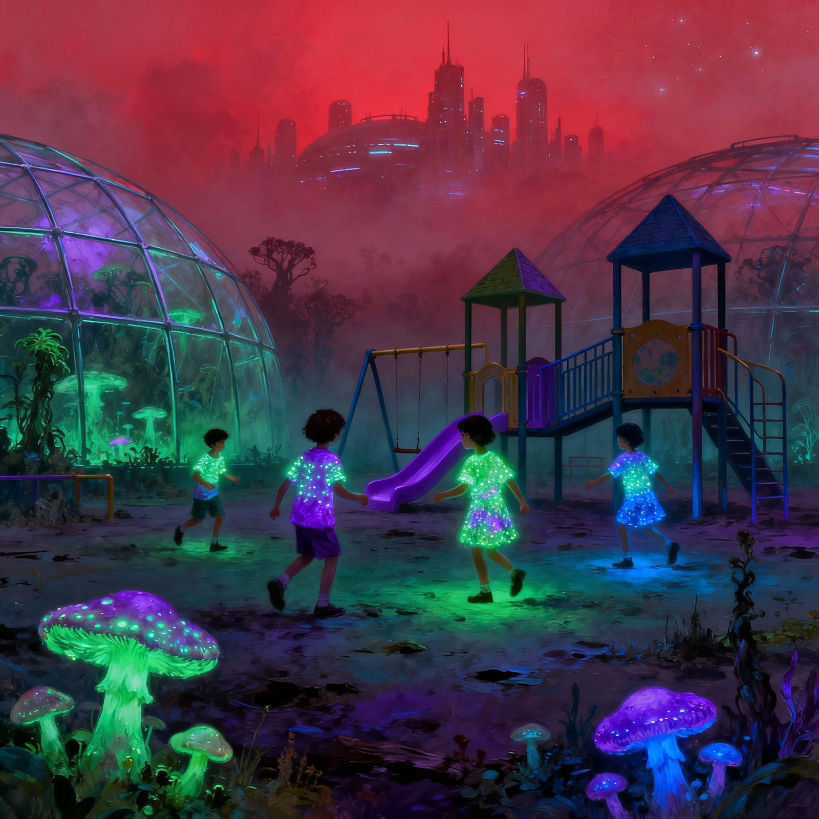 Vibrant Children Play in Dystopian Bio-Dome at Dusk
