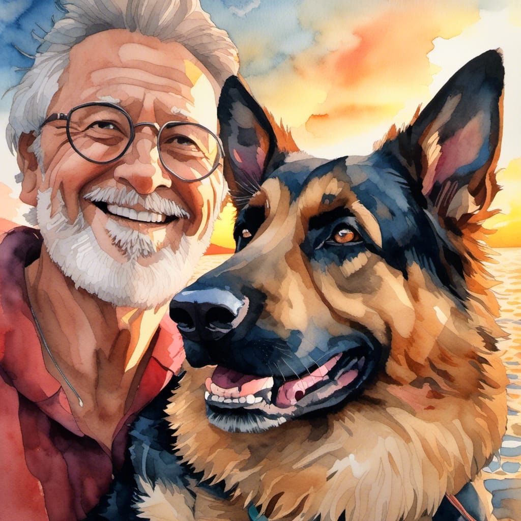 Man and Dog Portrait in Watercolor Style
