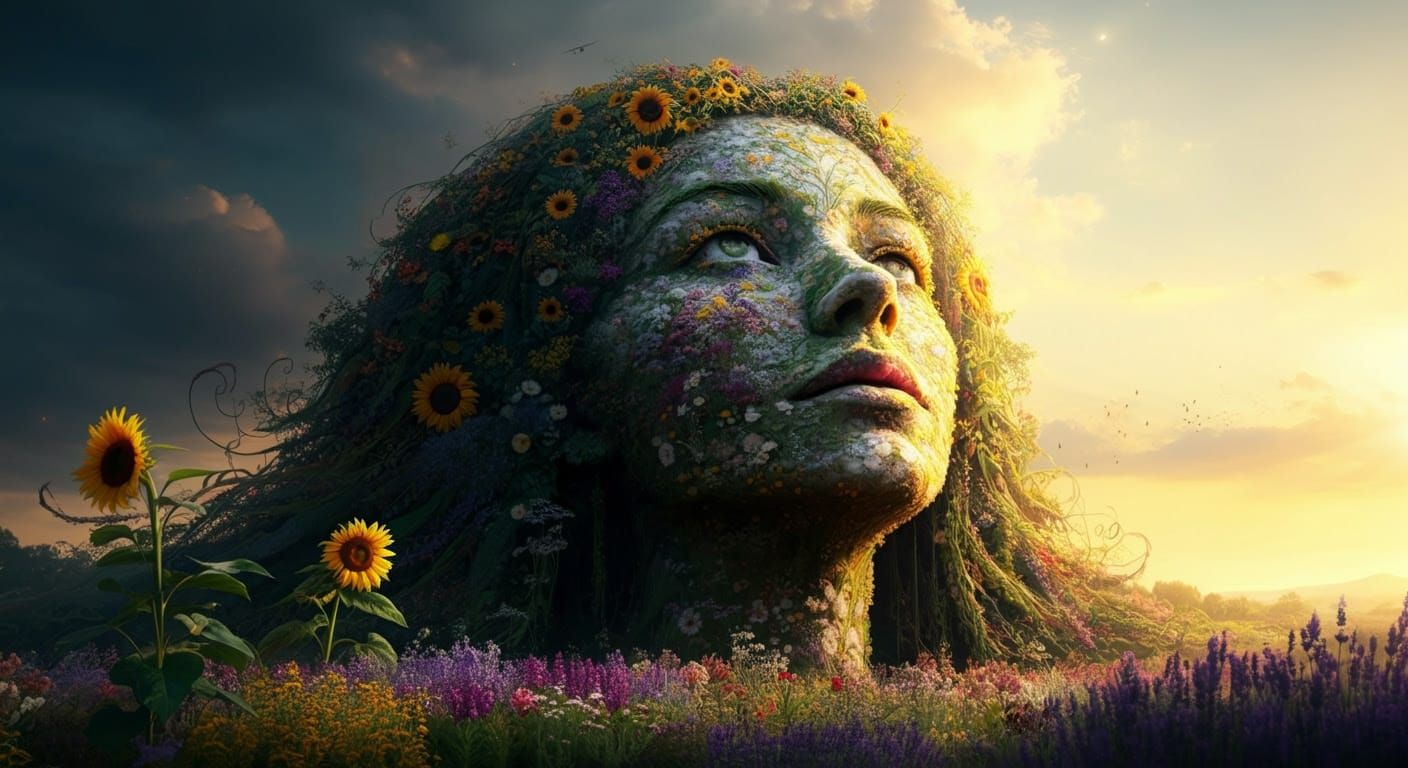 Garden Goddess with Sunflower Eyes and Lavender Hair