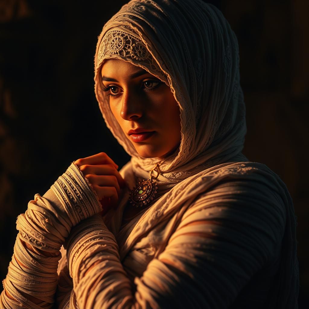 Mummy Unwrapping with Golden Amulet in Neon Style