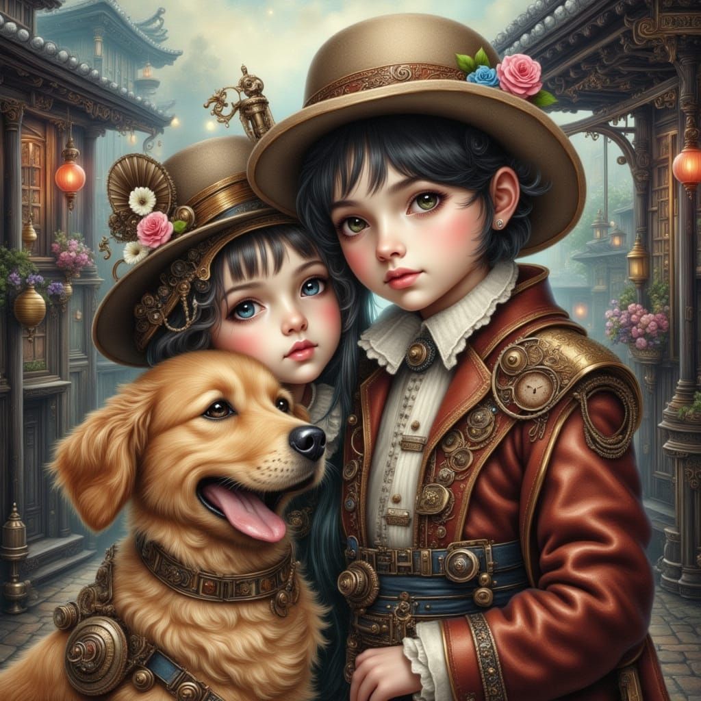 Steampunk Japanese Kids and Dog in Village