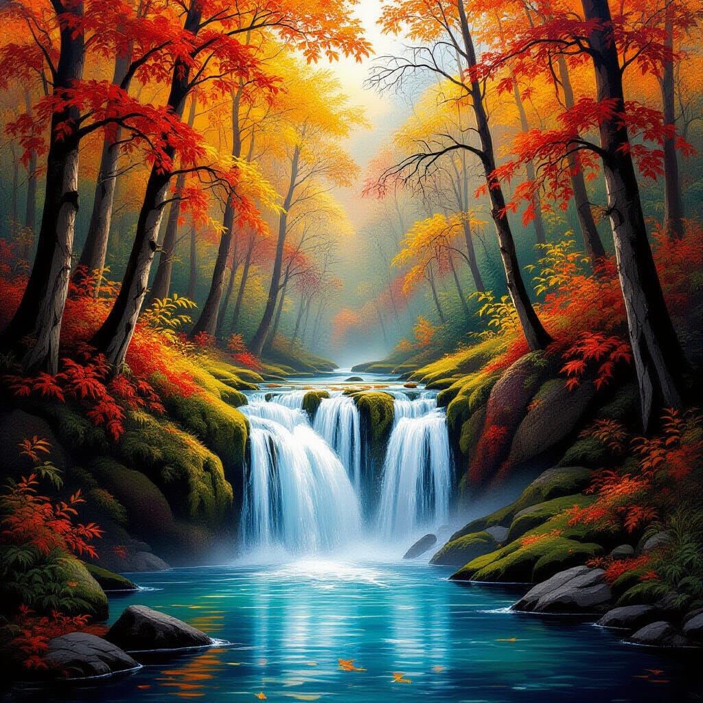 Detailed Autumn Forest Waterfall Oil Painting