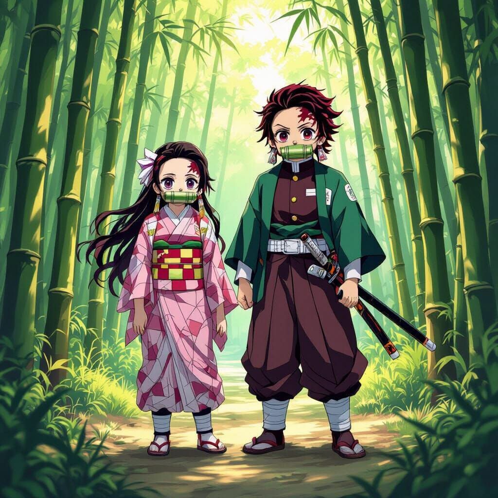 Demon Slayer Siblings in Bamboo Forest