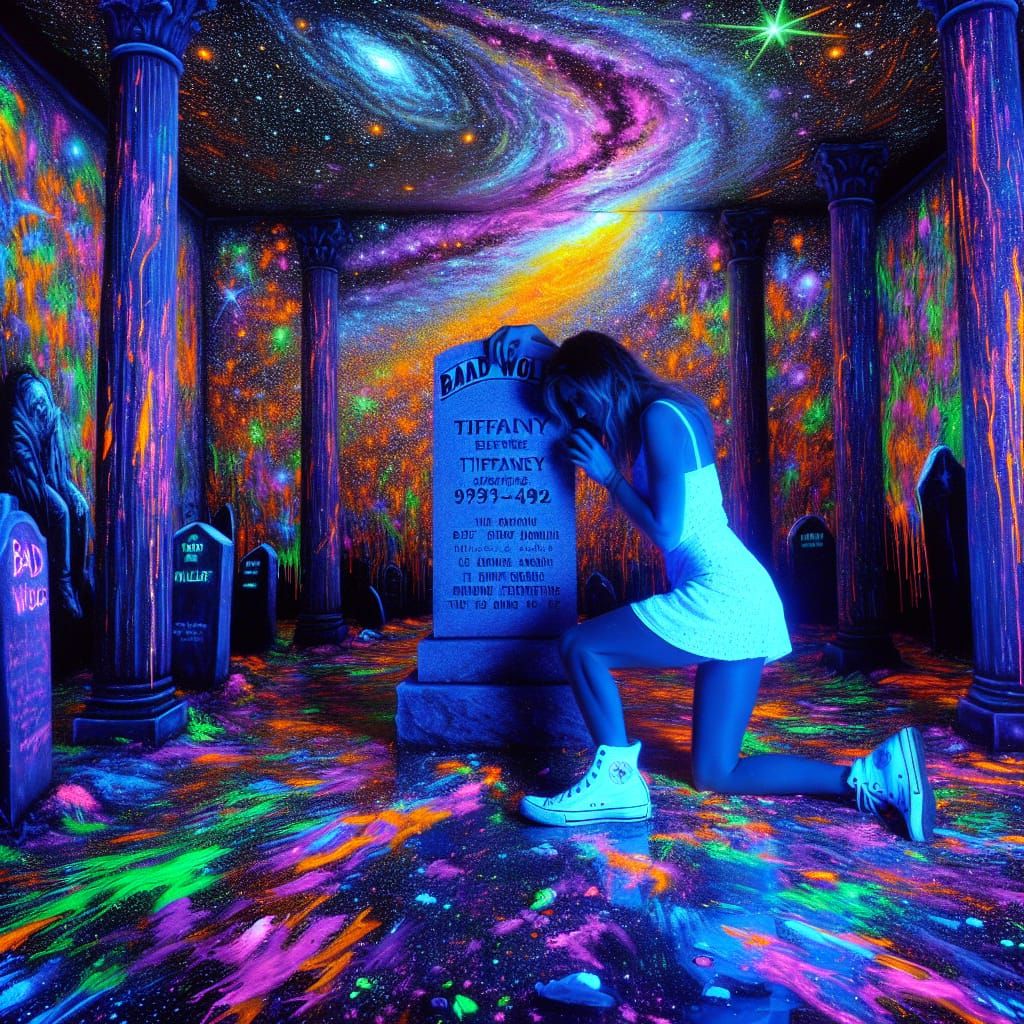 Grieving Woman by Bad Wolf Gravestone in Expressionist Style