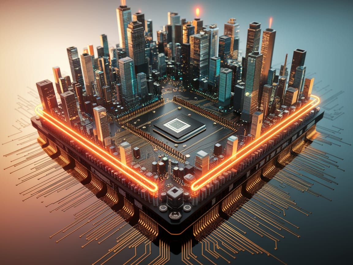 Cyberpunk Cityscape of Circuit Boards and Neon Lights