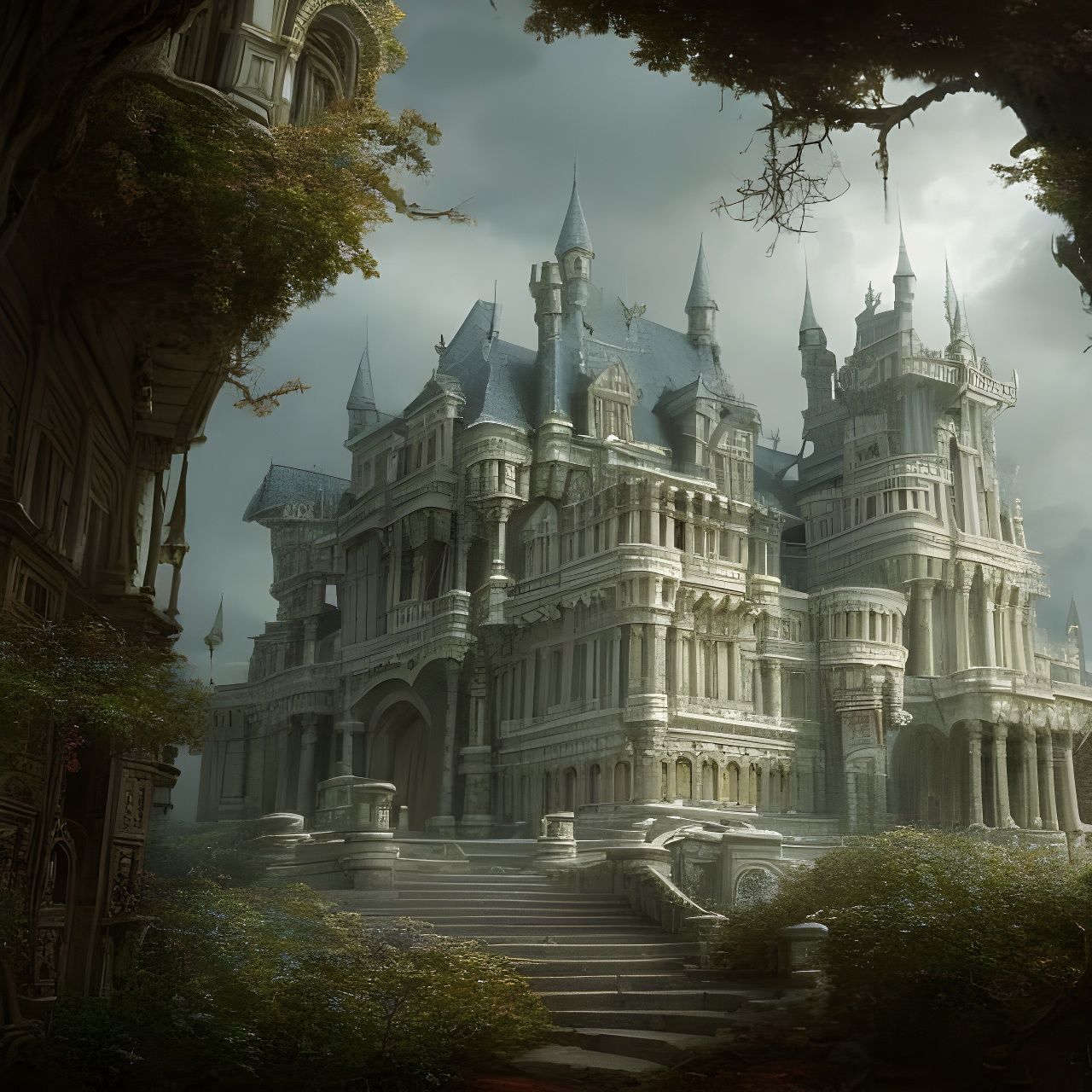 Hyperrealistic Castle with Wildflowers, Digital Matte Painti...