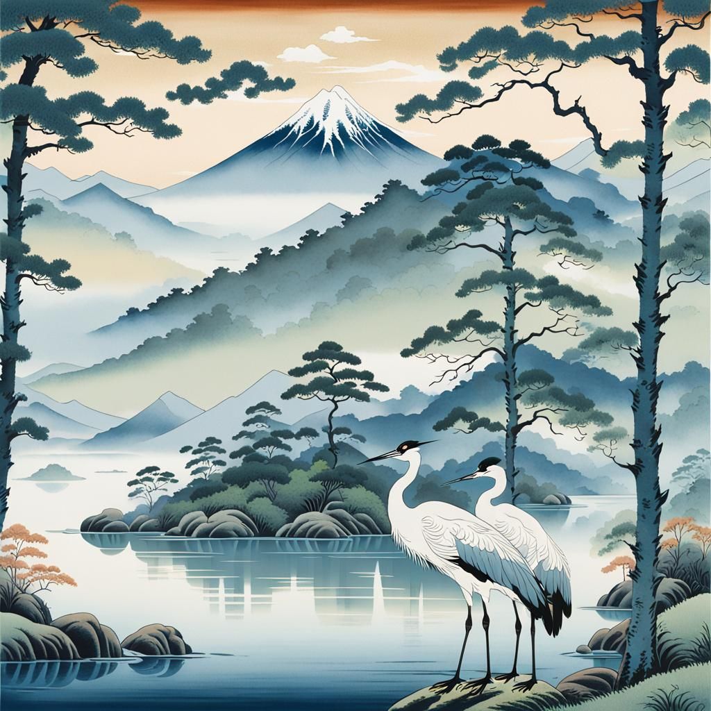 Japanese Cranes in Misty Mountain Landscape, Ukiyo-e Style