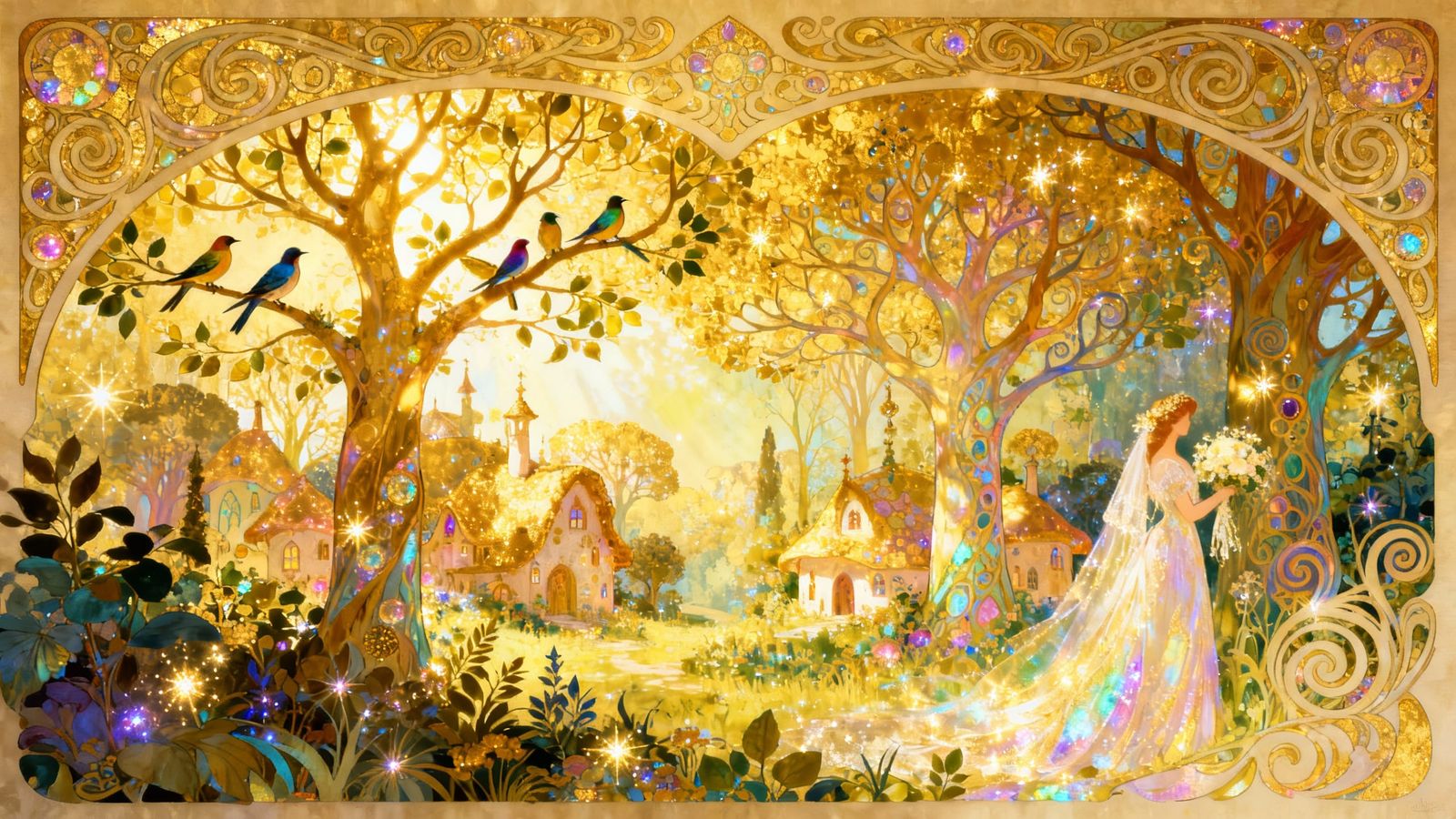 Magical Fairy Village in Luminous Art Nouveau Style